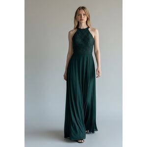 Morgan & Co 9 Forest Green Flowy Formal Gown Long Dress Lace Up Back Lace Sequin